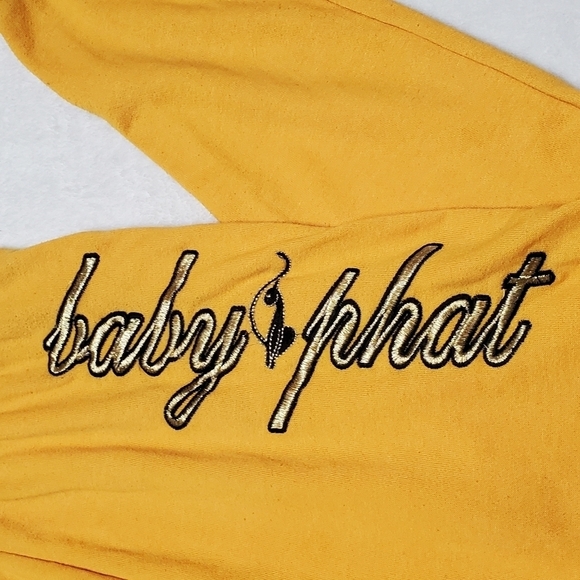 VINTAGE 90s-Y2K Baby Phat Mustard Yellow Gold Spell Out Off-Shoulder Jumpsuit M - Picture 10 of 16